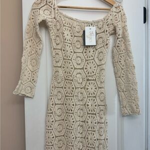 Elegant Cream Crochet Long Sleeve Dress - Size M